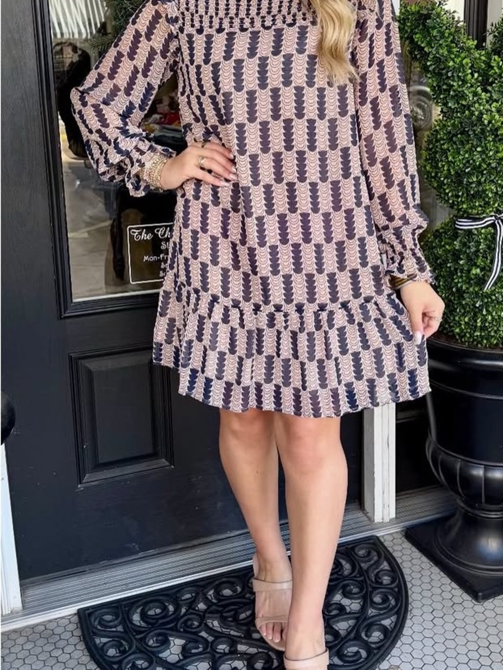 Vici Blush and Navy Long-Sleeve Printed Shift Dress